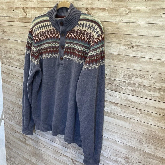IZOD Mens Large Sweater Fair Isle Pullover 1/4 button up Knitted Blue BluishGray - Picture 2 of 9